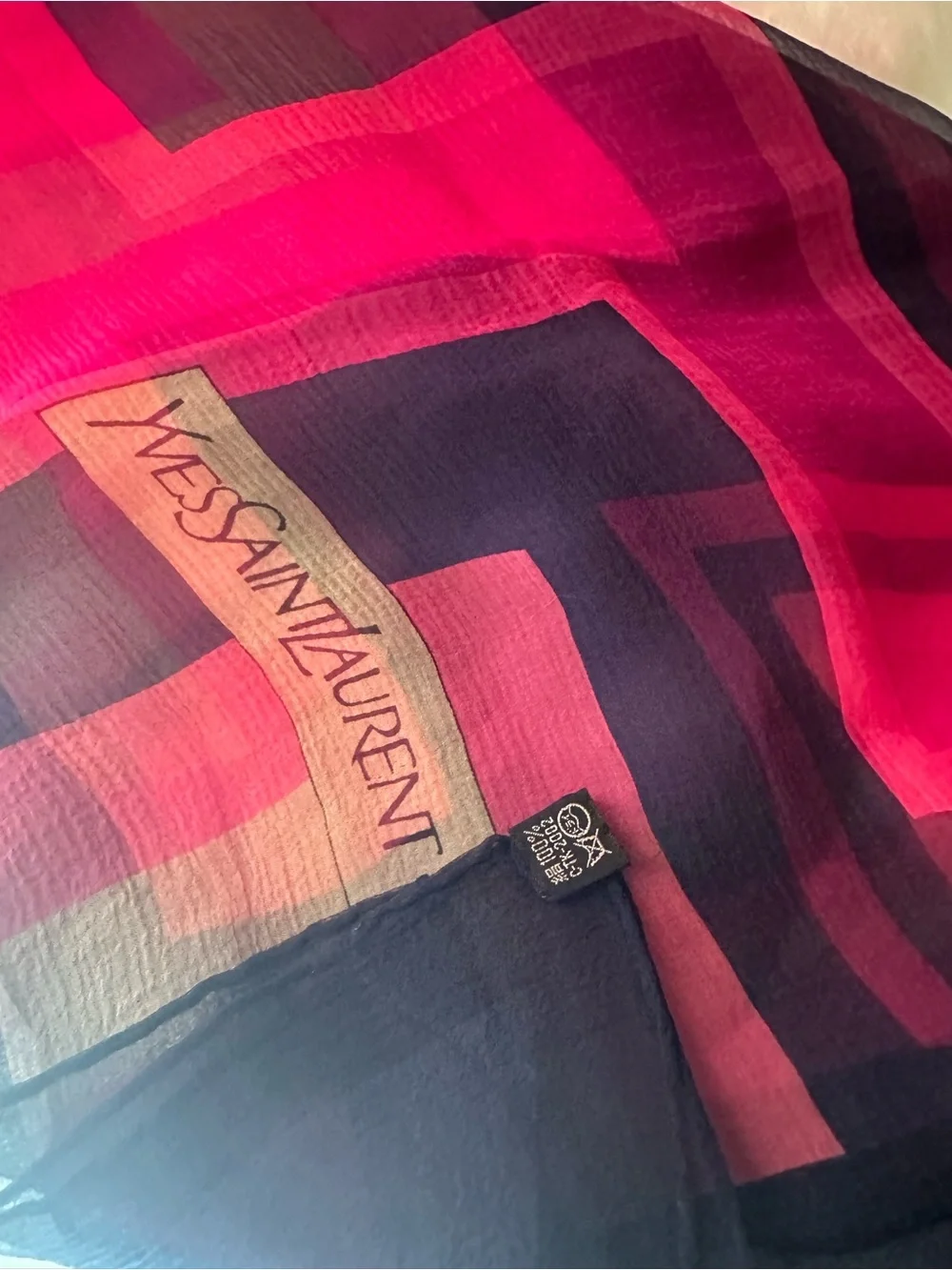 Yves Saint Laurent Silk Geometric Scarf Pink Navy 30” Square